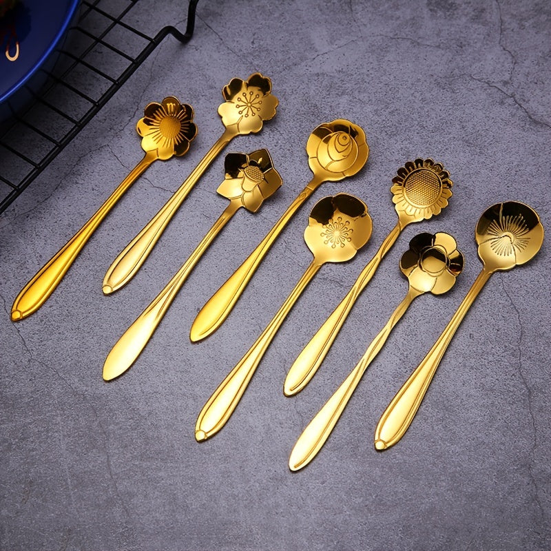Golden Stainless Steel Coffee and Dessert Spoon Set with Floral and Geometric Designs for Tea and Cake