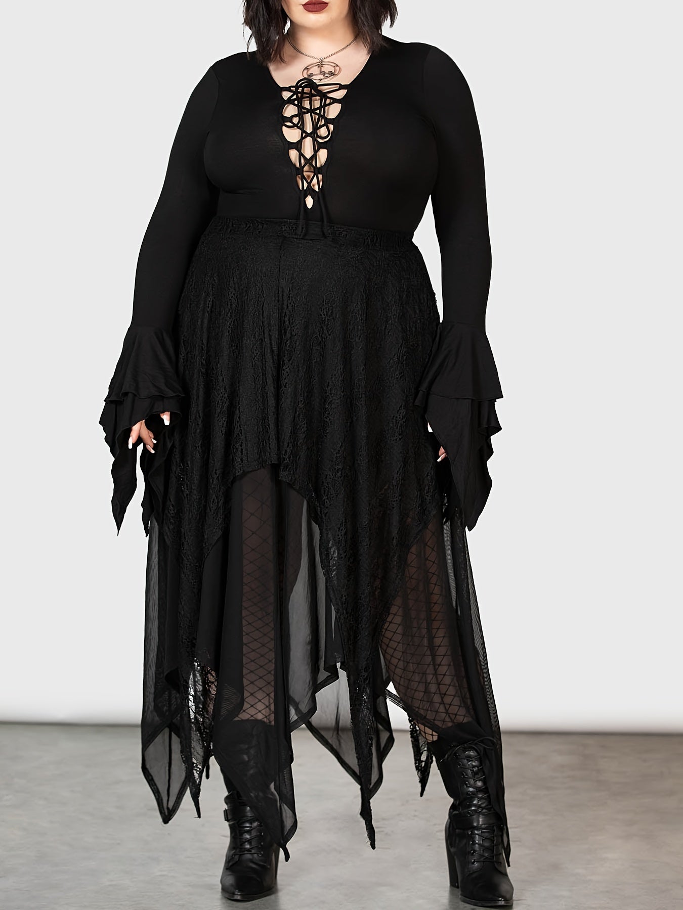 Women's Plus Size Lace Up Front Bodysuit with Asymmetrical Cuffs