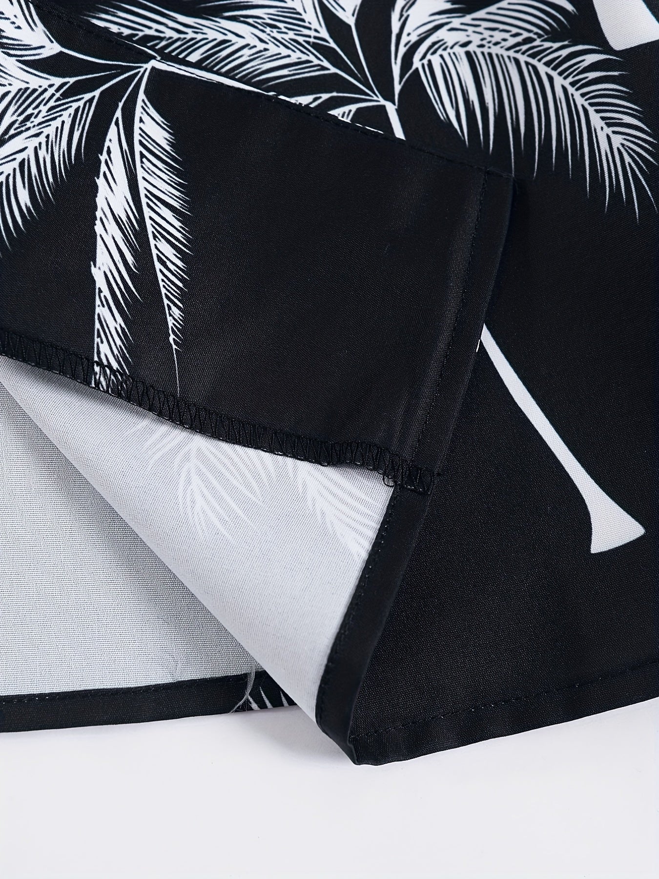 Men's Hawaiian Themed Casual Set in Black and White Palm Print Polyester Blend Plus Size