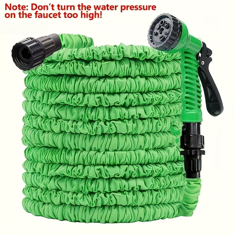 Expandable Green Rubber Garden Hose 30ft with High-Pressure Spray Gun and Anti-Kink Nozzle