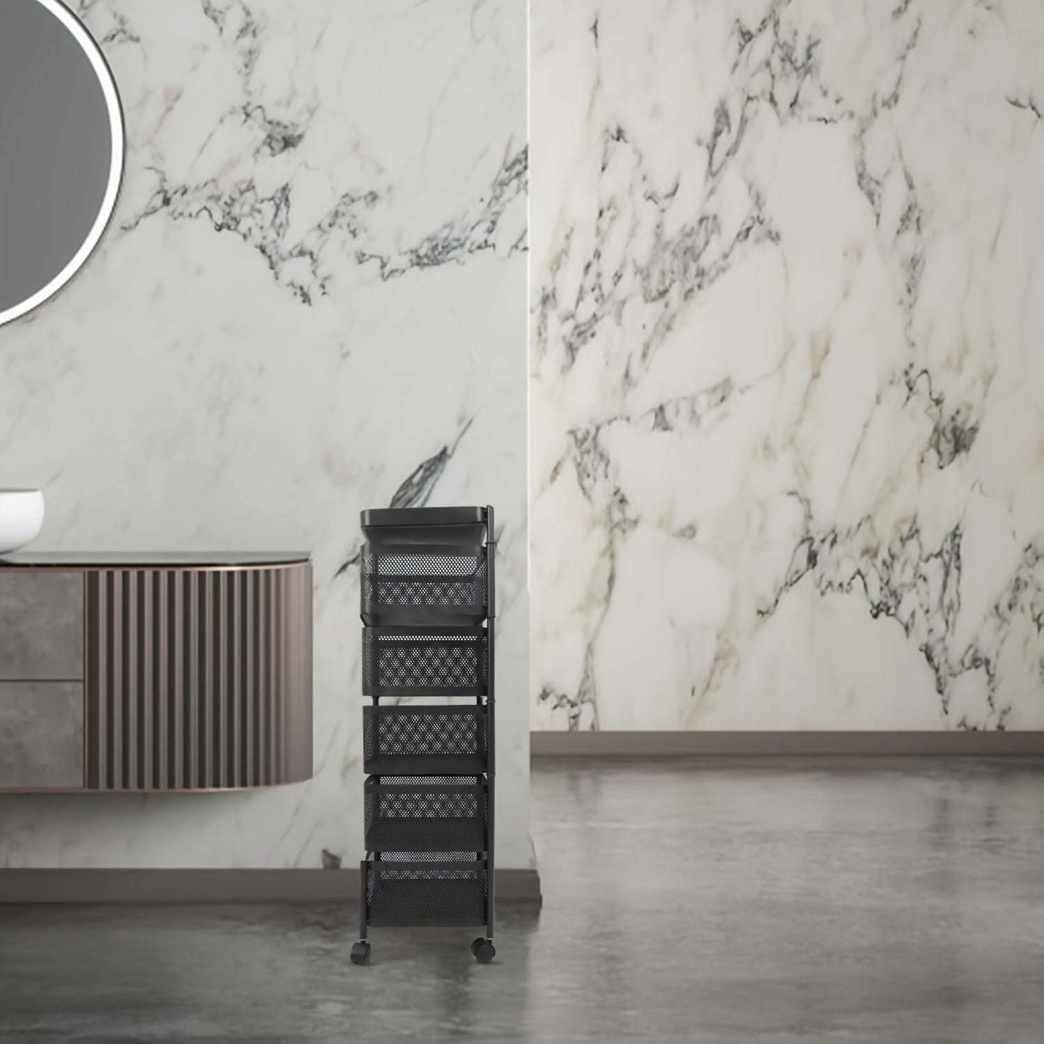 Не требует сборки, металлическая тележка для хранения на колесиках с 4-ярусными открытыми сетчатыми корзинами. Вращающаяся хозяйственная тележка с колесами для кухни, офиса или дома. Не требует электричества или батареек.