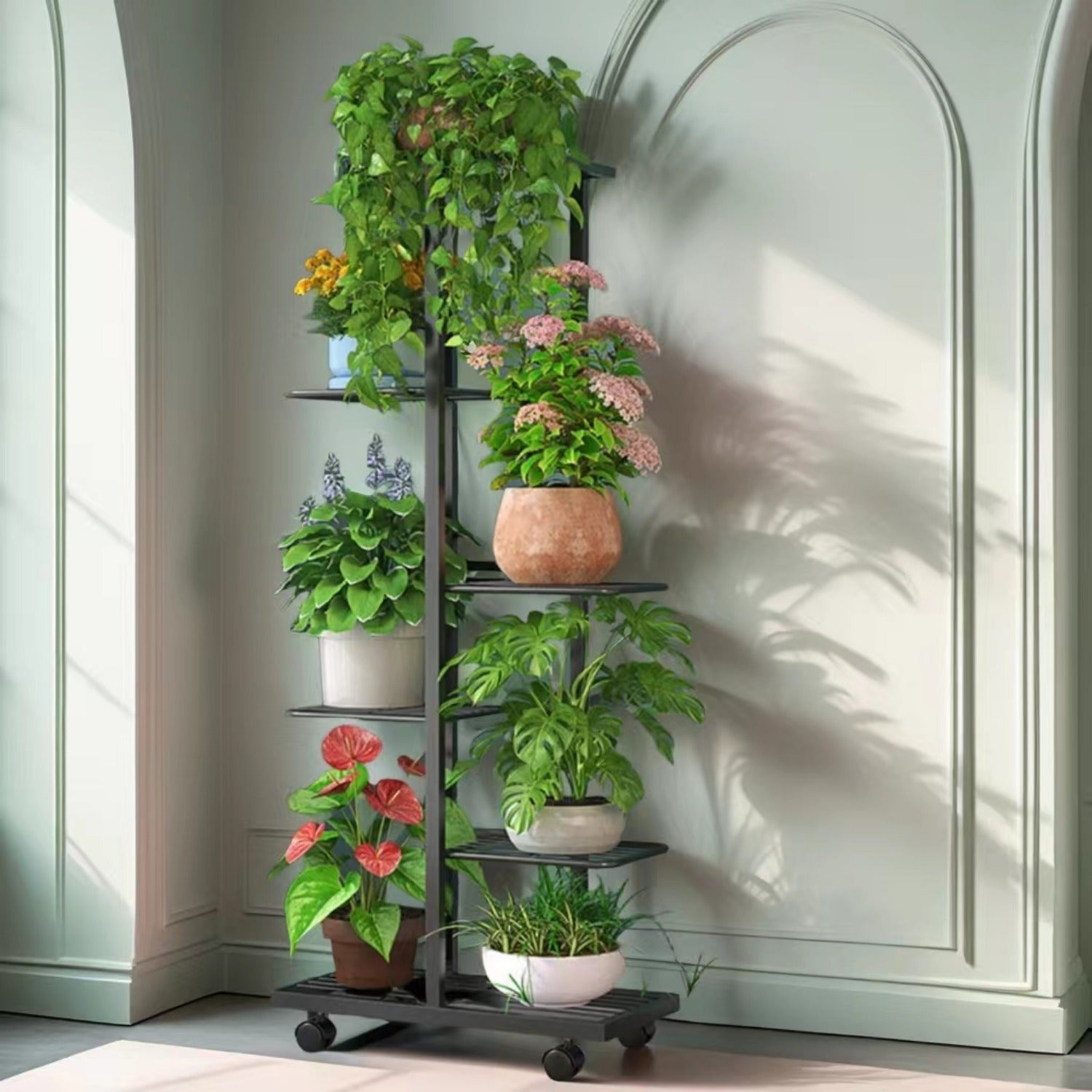 Multi-Functional 6-Tier Metal Plant Stand with Wheels Indoor Outdoor Space-Saving Black White