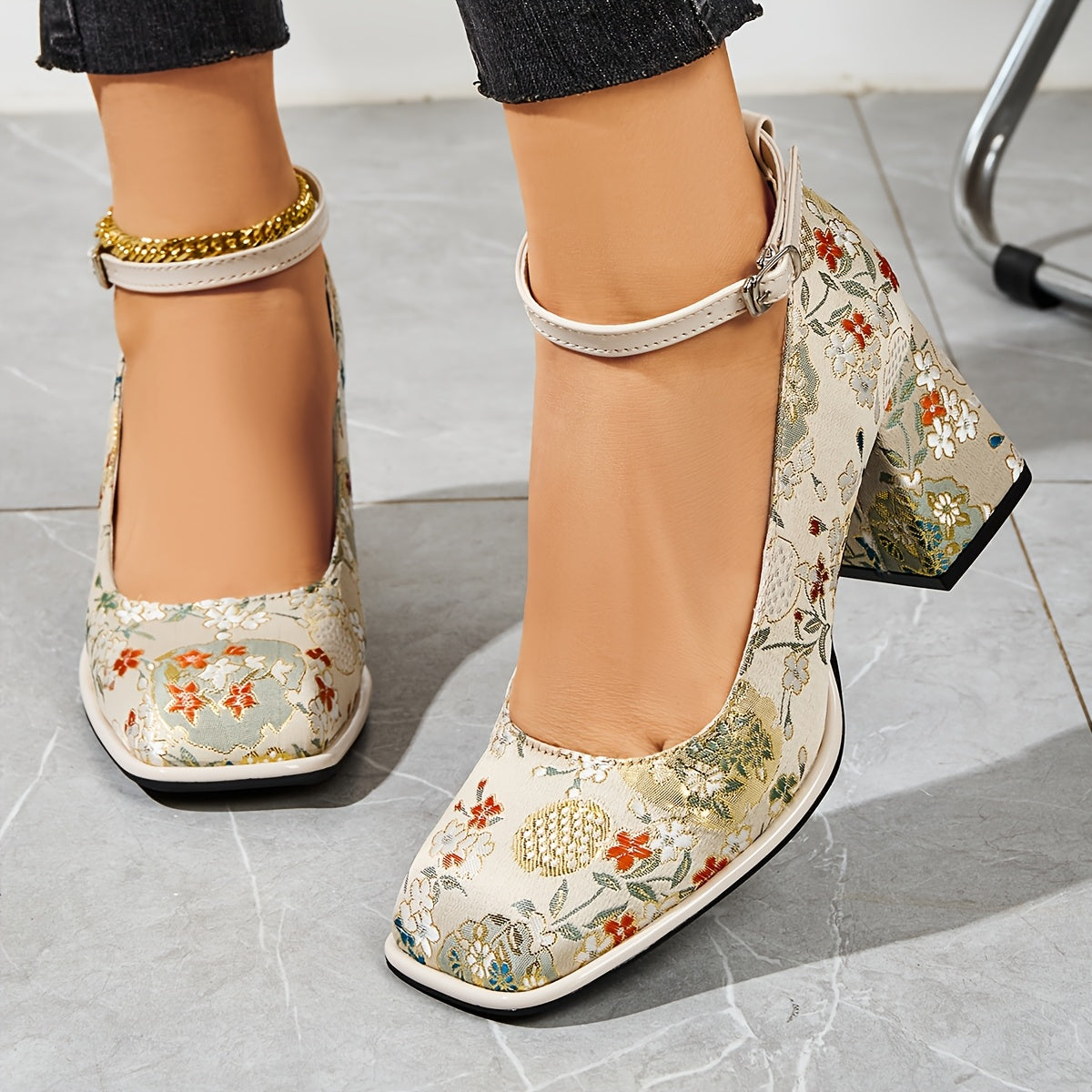 Women's Floral Block Heel Pumps Dress Shoes with Ankle Straps