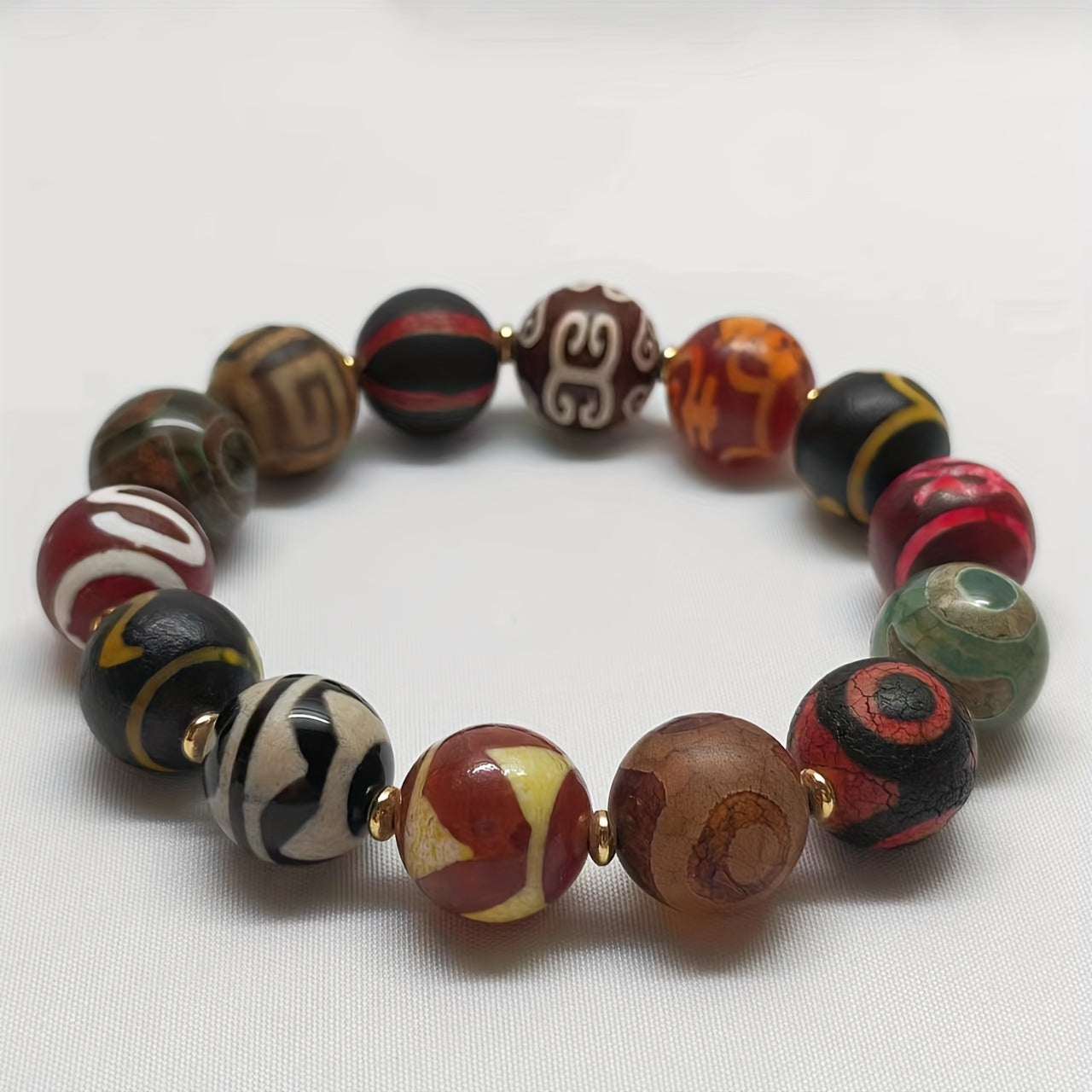Unisex Gemstone Bracelet with Tibetan Dzi Beads Traditional Tribal Chinese Style Good Fortune Peace Stylish Daily Accessory