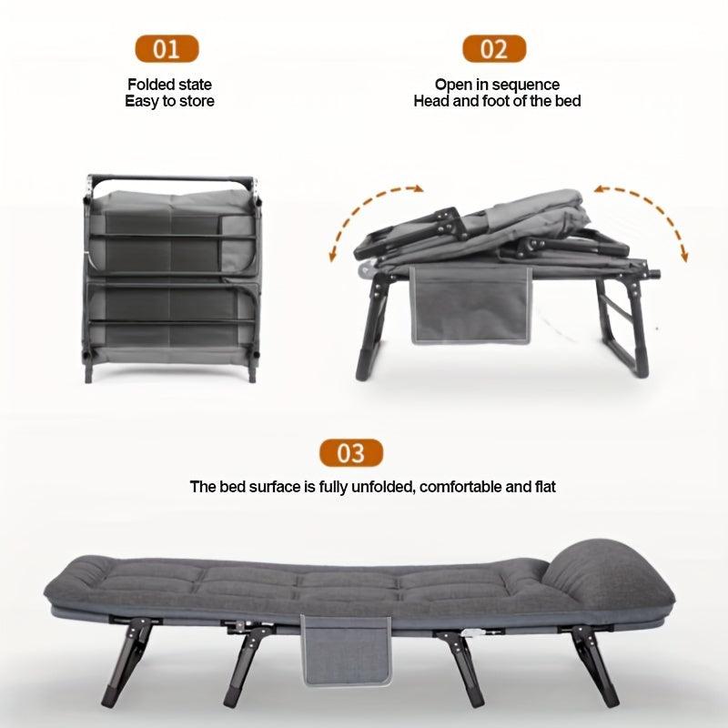 Yostiqli portativ egiluvchan lager karavoti, orqani yotqizuvchi stul, quyma temir ramka, paxta to'siqlari. O'rnatish talab qilinmaydi, uyda, ofisda, plyajda, bog'da yoki baliq ovlash sayohatlarida mukammal.