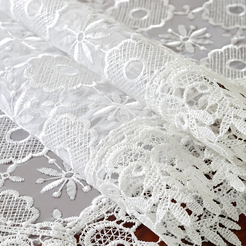 Polyester Table Runner with White Embroidery Flowers and Lace Edge for Dining or Room Decor