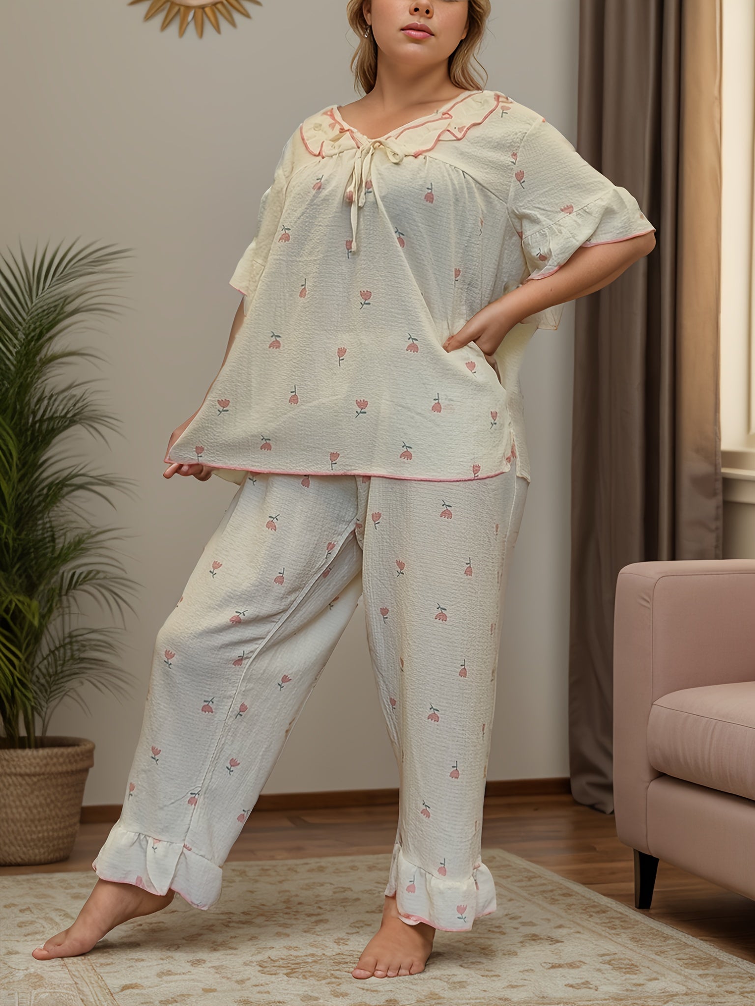 Women's Floral Printed Pajama Set Large Size with Long Pants and Short Sleeves