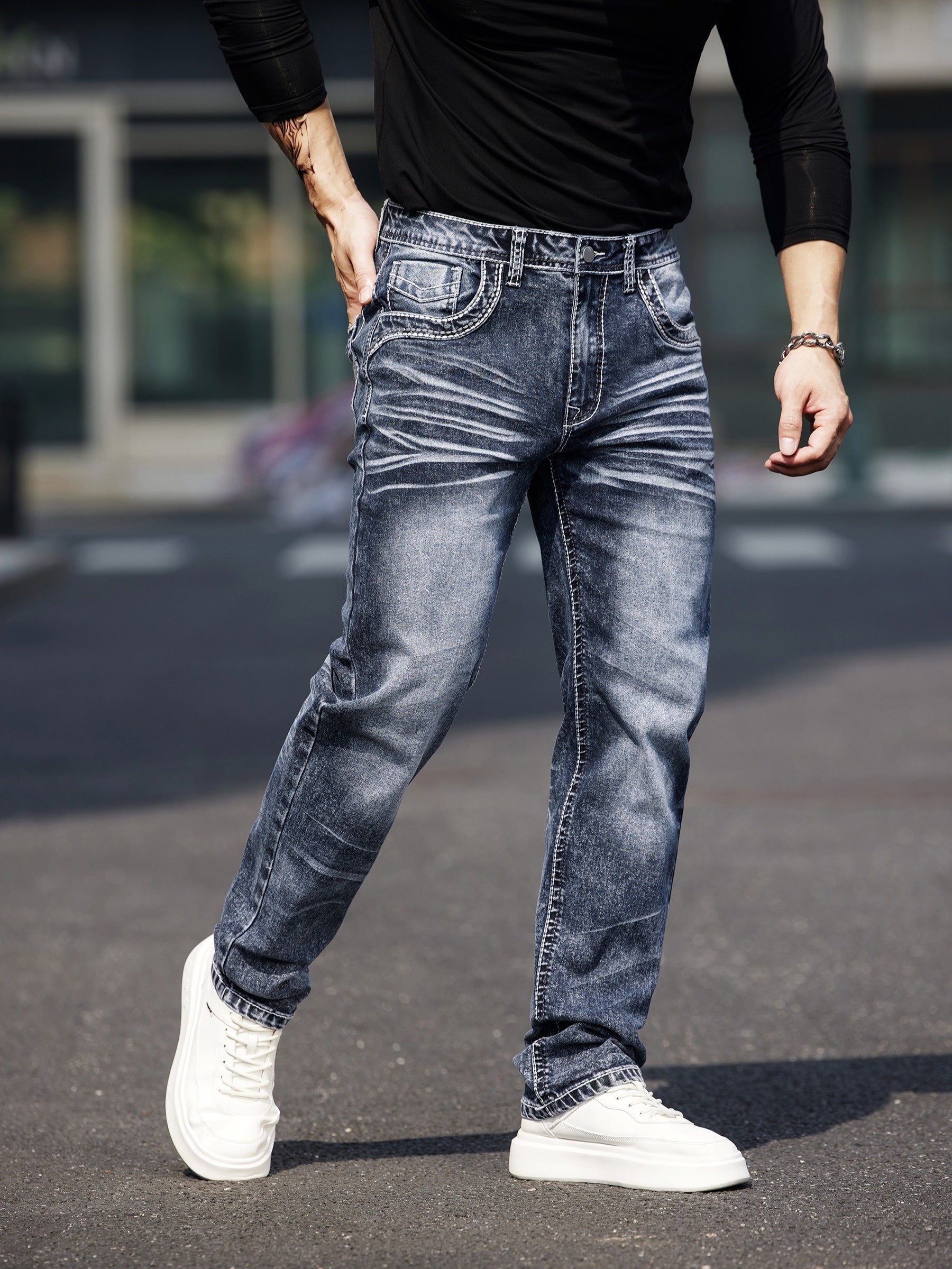Men's Slim Fit Vintage Embroidered Stretch Jeans with Patchwork Mid-Rise