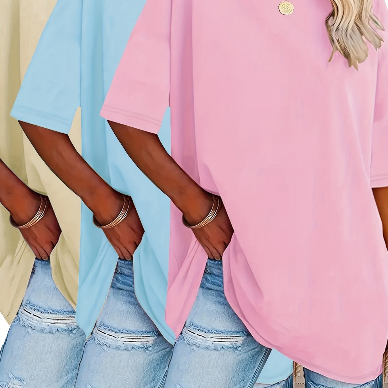 Ayollar uchun kattaroq o'lchamdagi keng bo'yinli paxta futbolkalar, qisqa qo'l, kundalik yozgi ko'ylaklar, 3 ta rangda