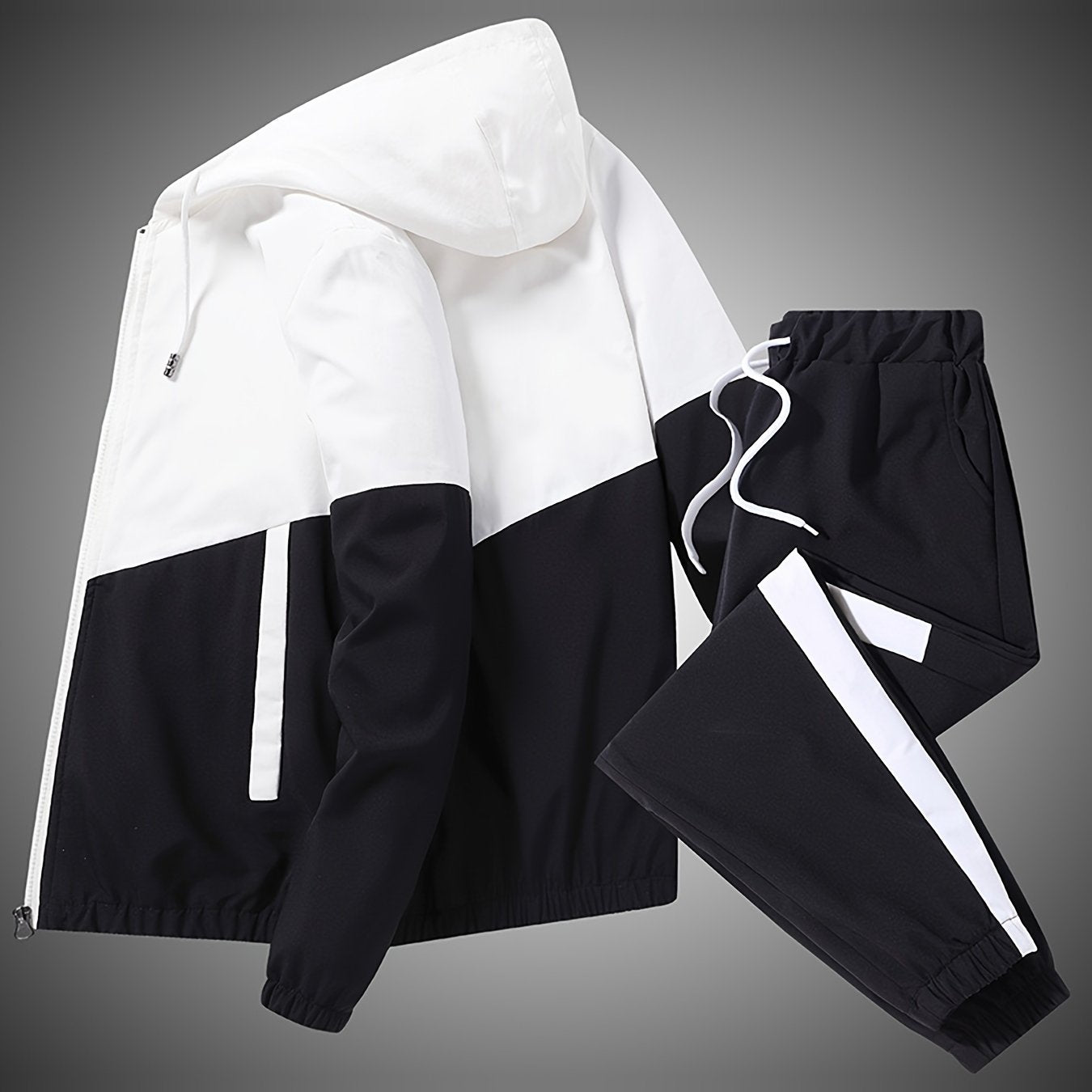 Men's Polyester Sportswear Set Hooded Jacket and Long Pants Solid Color Loose Fit Spring Fall