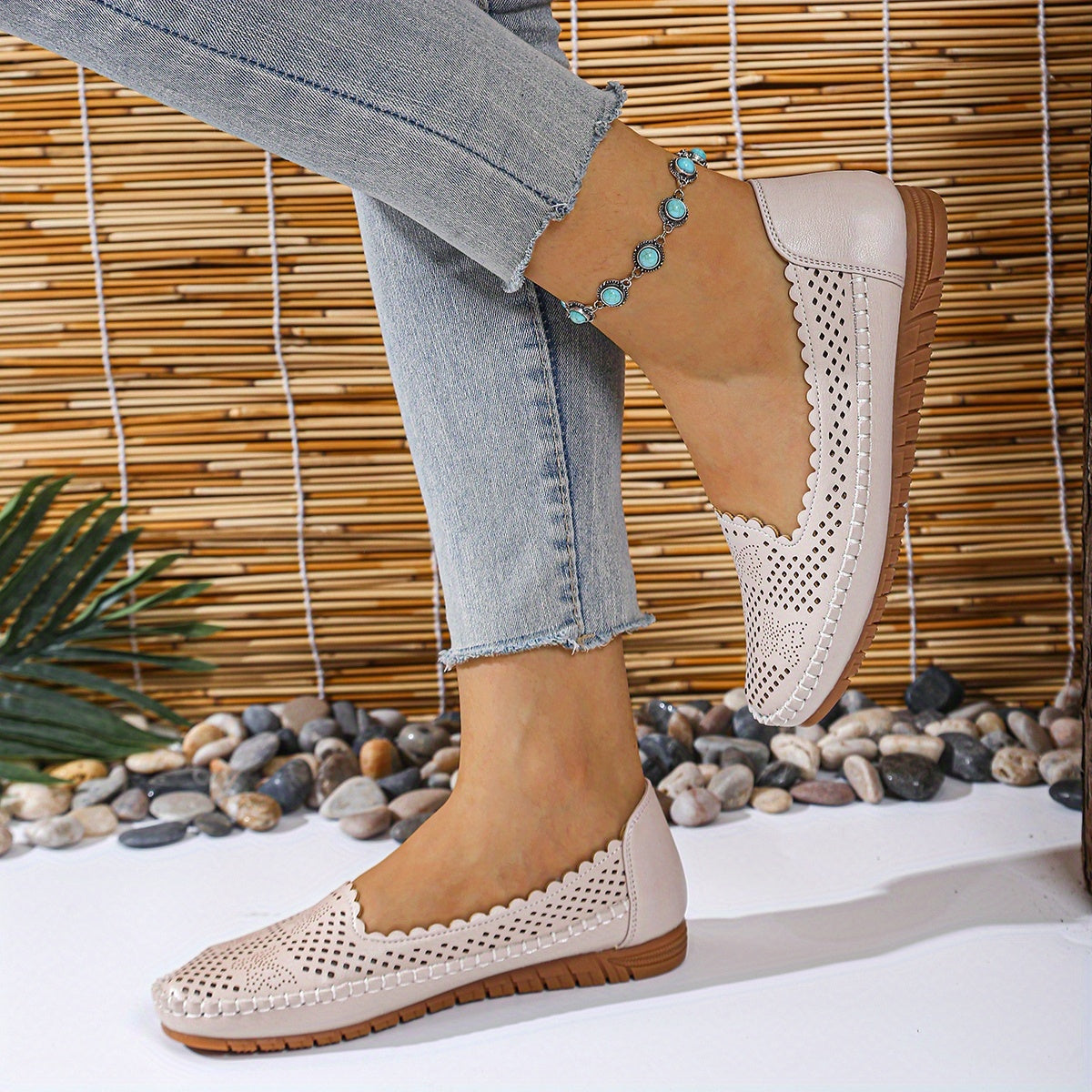 Women's Perforated Synthetic Loafers Slip-On Flats Beige White Cushioned