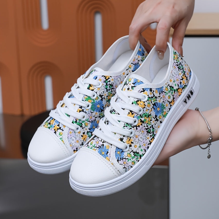 Women’s Floral Sneakers Low-Top Casual Shoes Breathable Fabric White Cherry Blossom