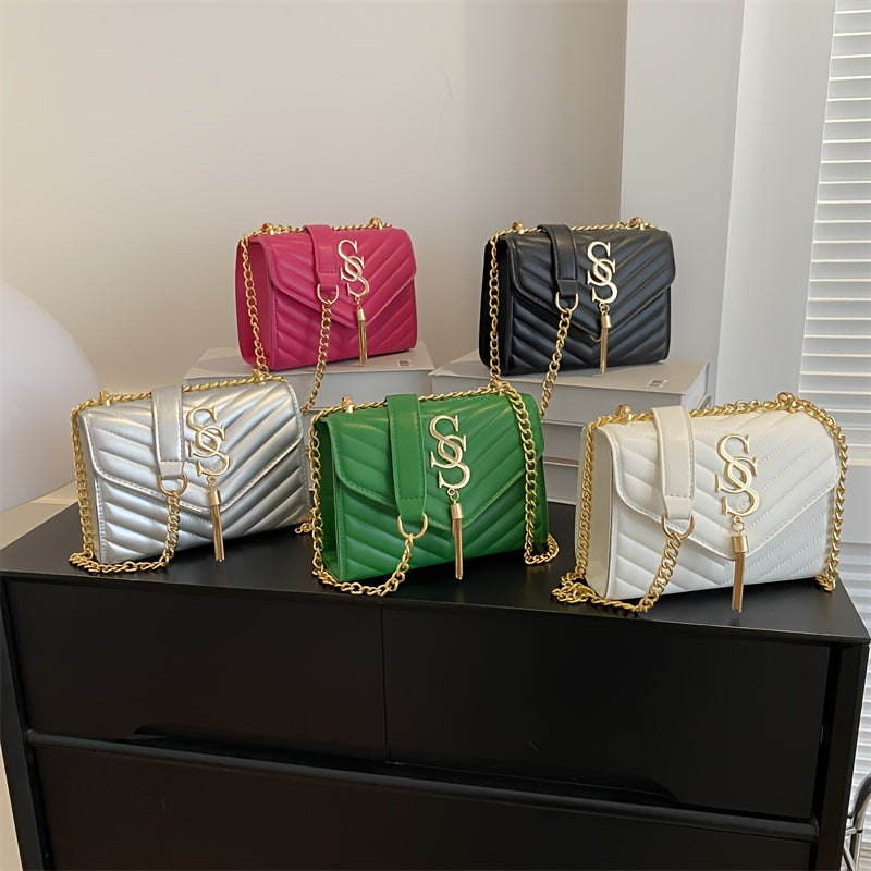 PU Chain Decorated V-Shaped Tassel Square Shoulder Bag