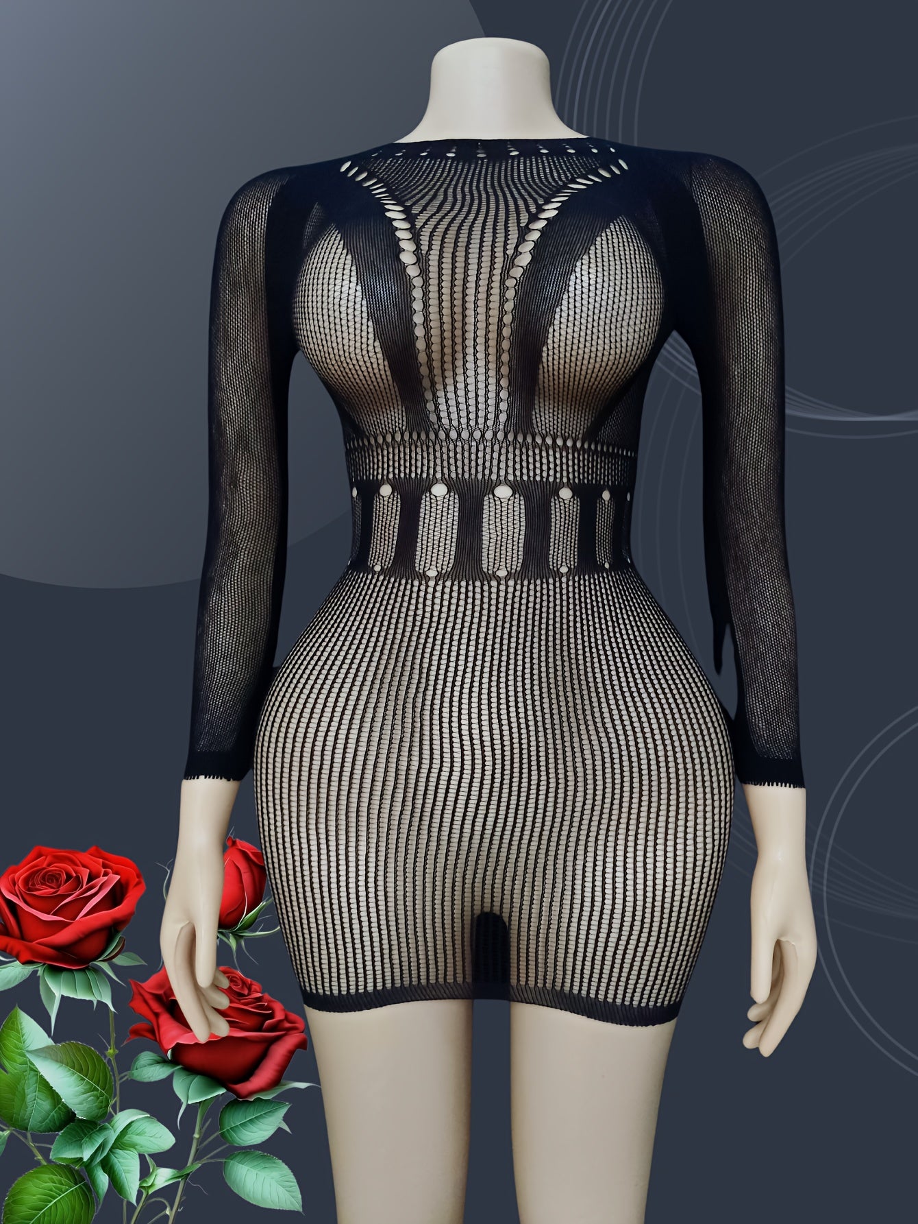 Plus Size Hollow Mesh Long Sleeve Dress with Cut-Outs