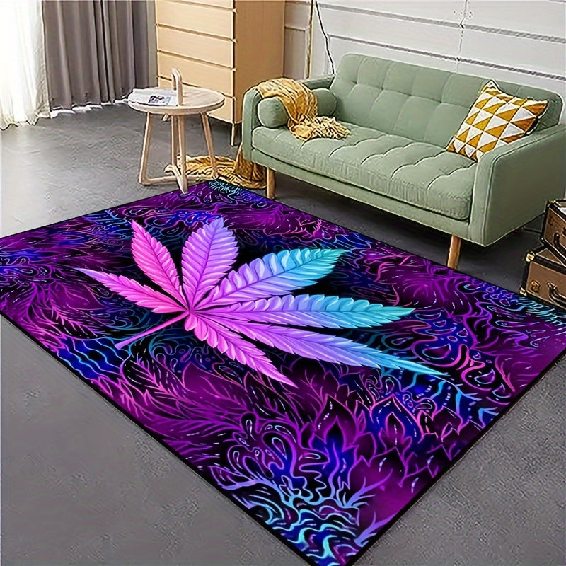 Soft Washable Polyester Area Rug with Psychedelic Leaf Print for Living Room and Bedroom