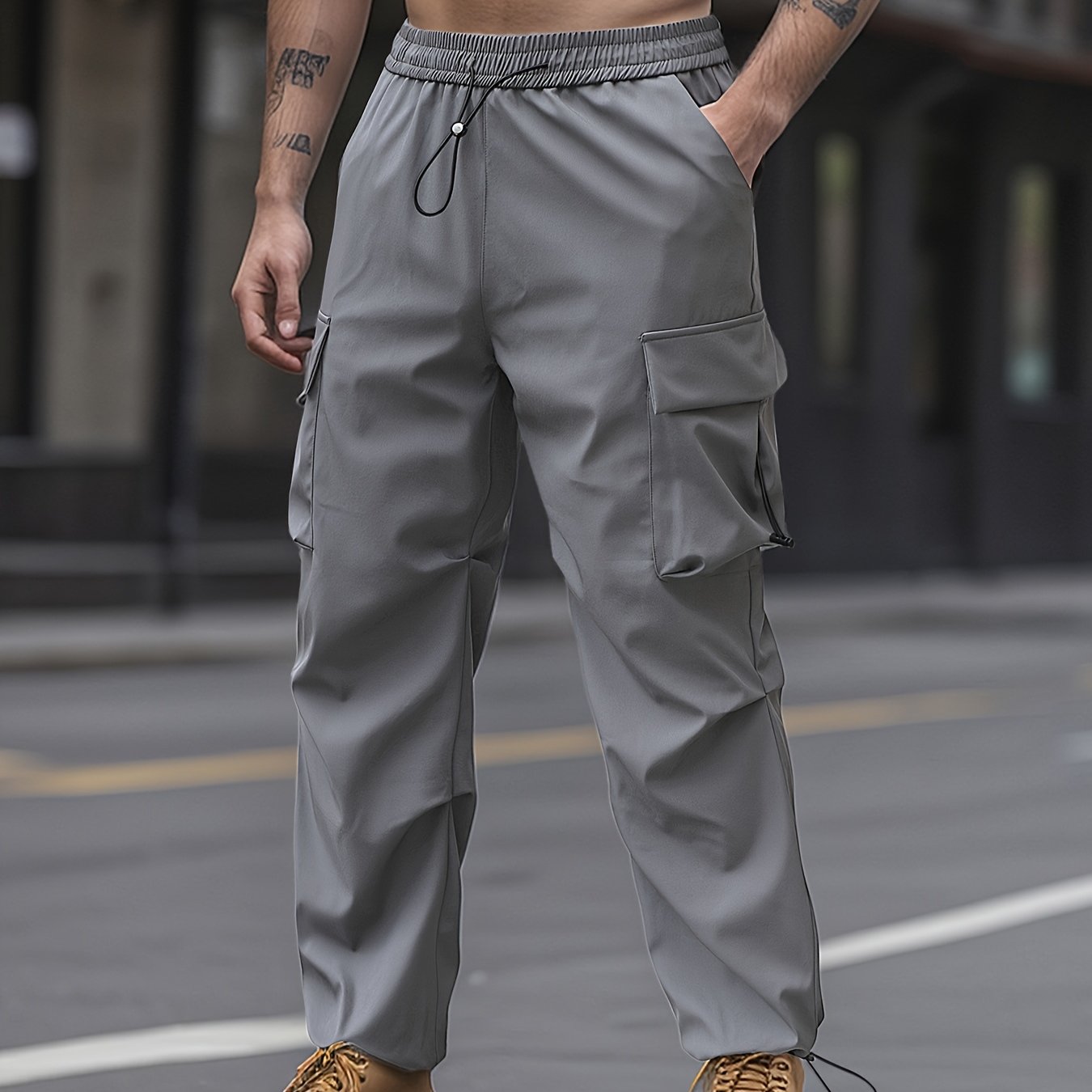 Unisex Cargo Pants with Flap Pockets Drawstring Waist Solid Color Polyester All-Season