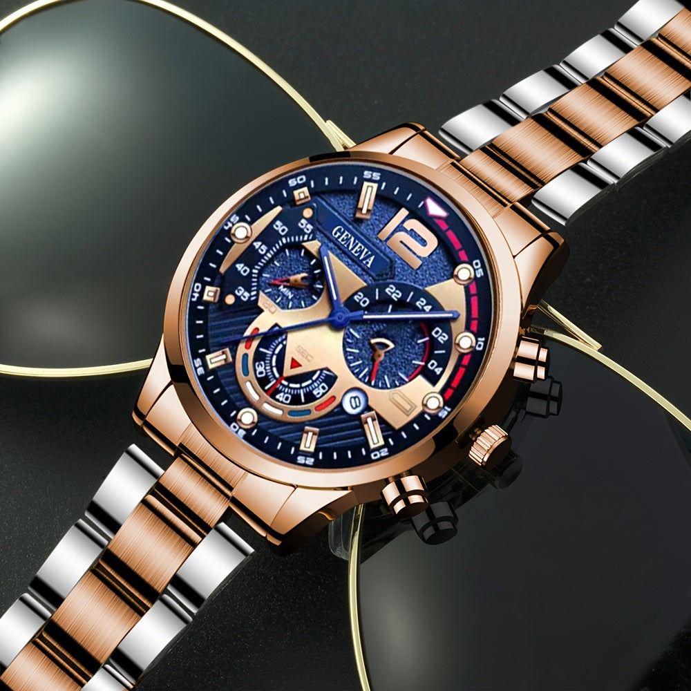 Men's Stainless Steel Quartz Watch with Calendar and Business Bracelet