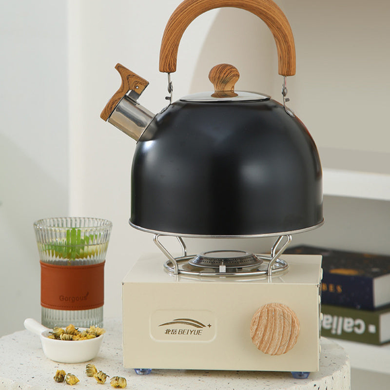Stainless Steel Whistling Tea Kettle with Wood Grain Handle and Button Spout Black Heavy-Duty Teapot for Boiling Water