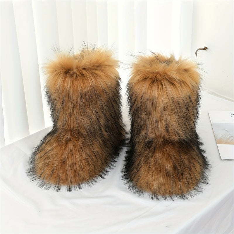 Women's Faux Fur Mid-Calf Boots Furry High-Top Shibuya Y2K Style