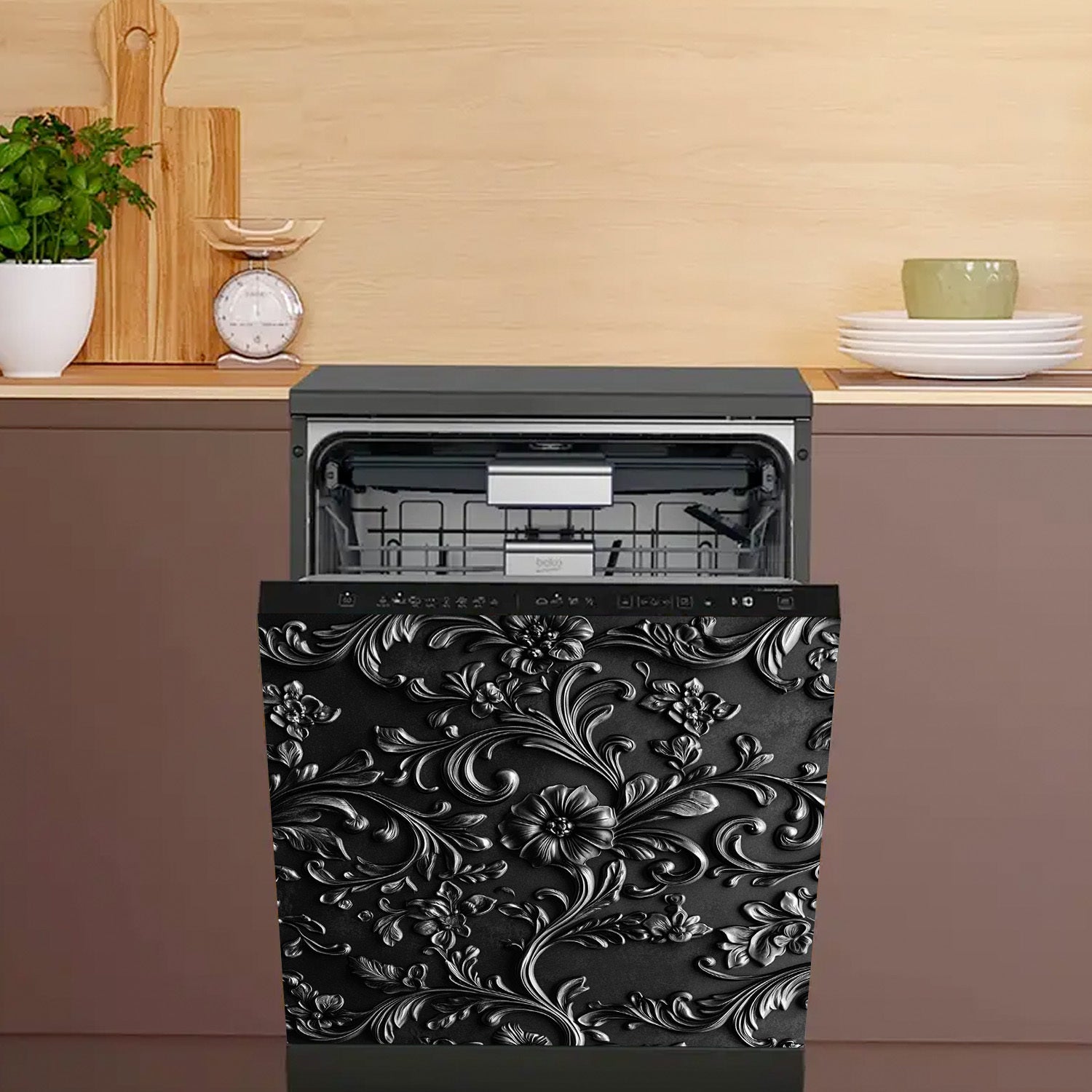 Qora gullli naqshli idish-tovoq magnit qopqog'i, suv o'tkazmaydigan, issiqlikka chidamli PVC oshxona dekoratsiyasi
