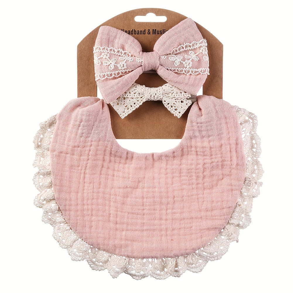 Baby Headbands and Bibs Set of Two with Stain-Resistant Baby Bib and Lace Bow Headband