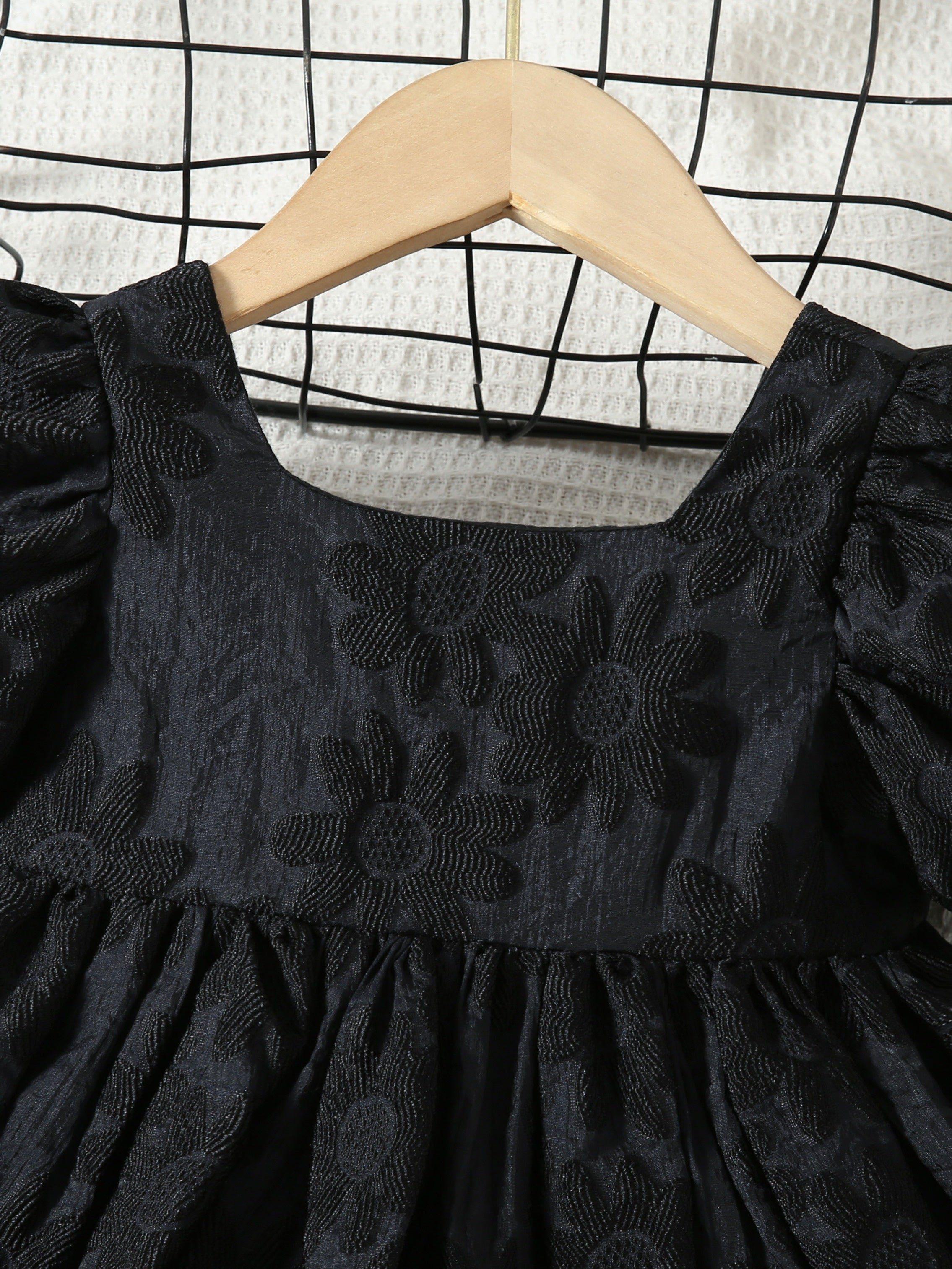 Girls Summer Dress Knee High Puff Sleeve Solid Color Bow Decoration Lightweight Dress