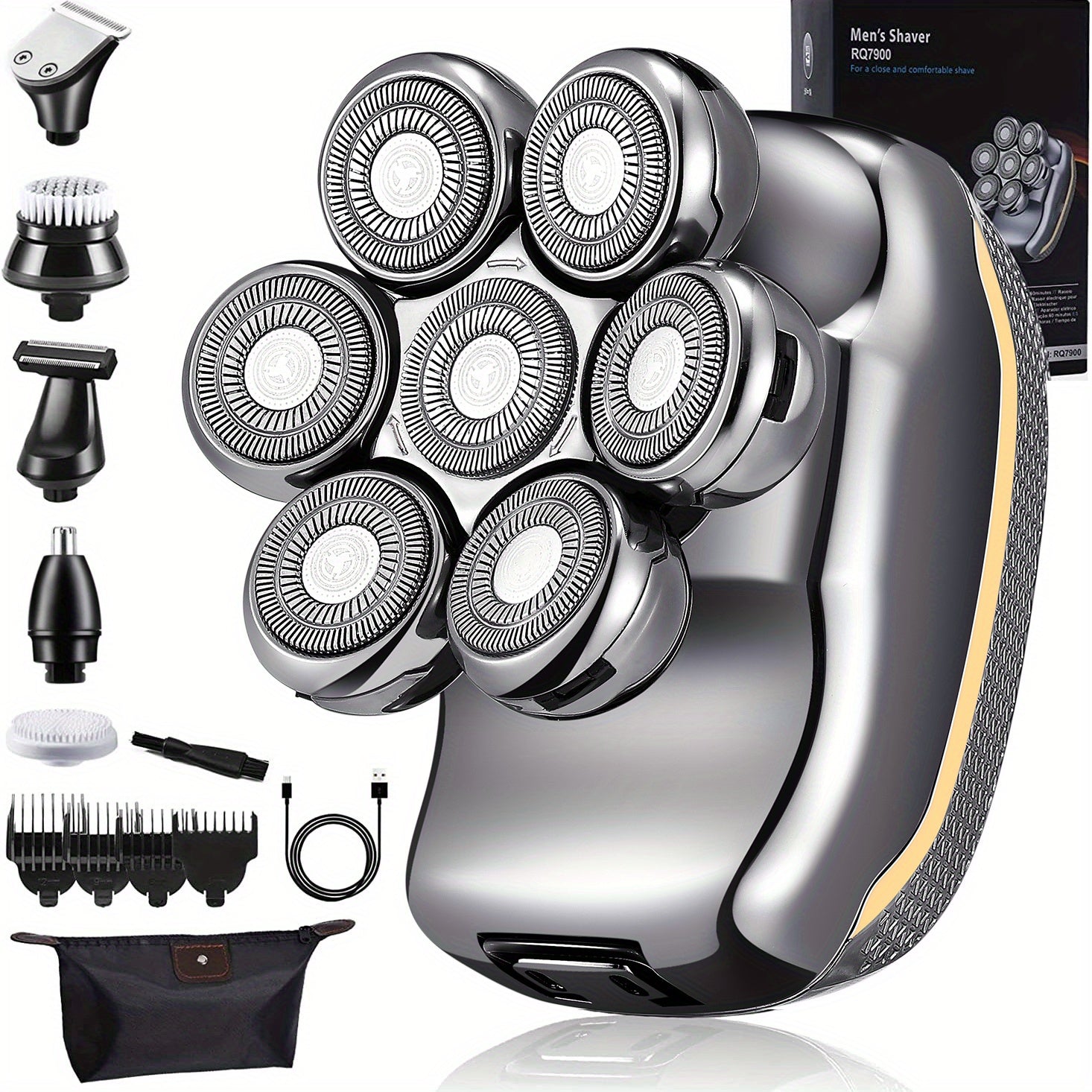 Мужской перезаряжаемый беспроводной электронный головной бритвенный прибор с 7 вращающимися головками, подходит для лысых мужчин.