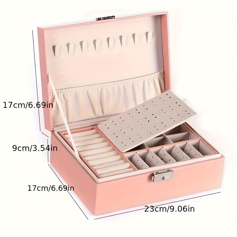 Caja de almacenamiento para joyas para pendientes, anillos y collares con doble capa y cerradura