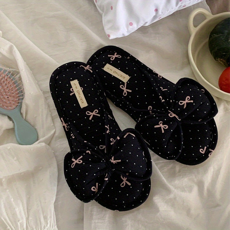 Women's Soft Sole Slip-On Slippers Black White Polka Dot Bow All-Season