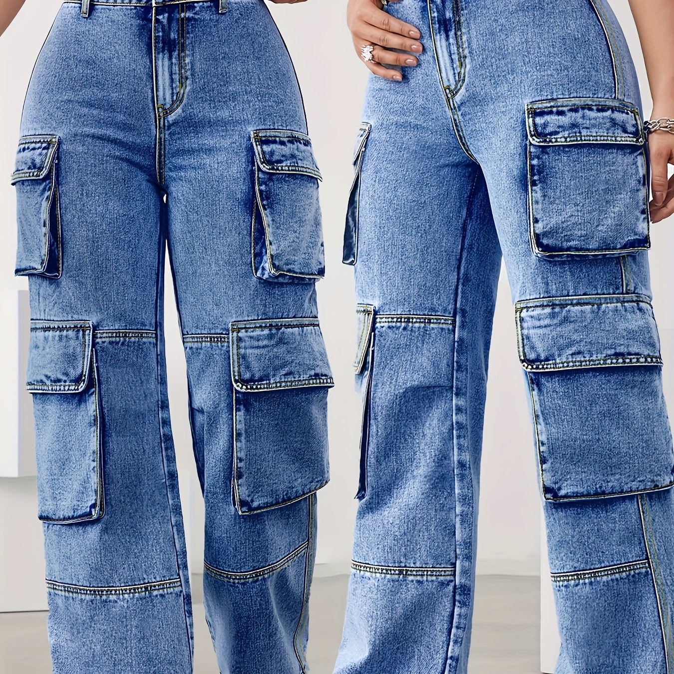 Jeans cargo de talle alto para mujer talla plus con múltiples bolsillos y denim elástico