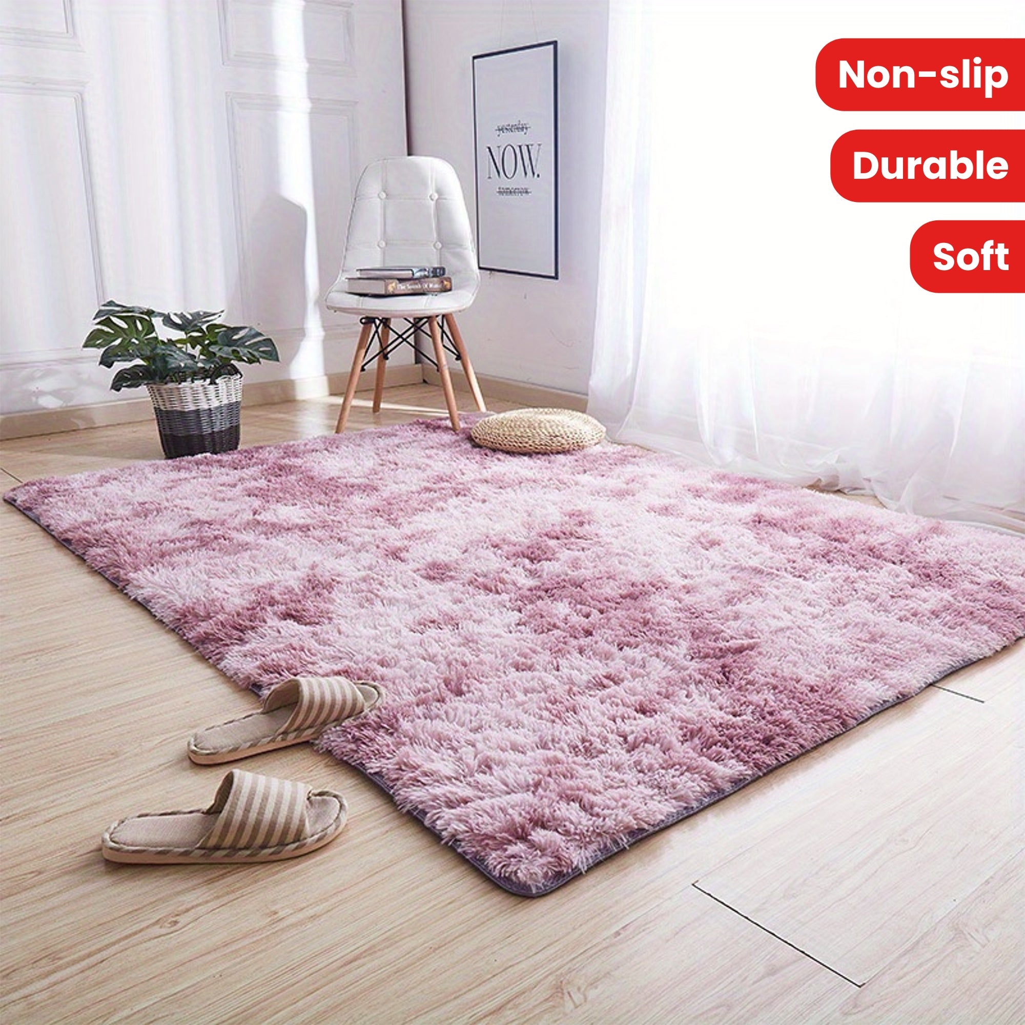 Shaggy Plush Carpet Rug Long-Haired Tie-Dyed Solid Color Faux Fur Non-Slip Backing