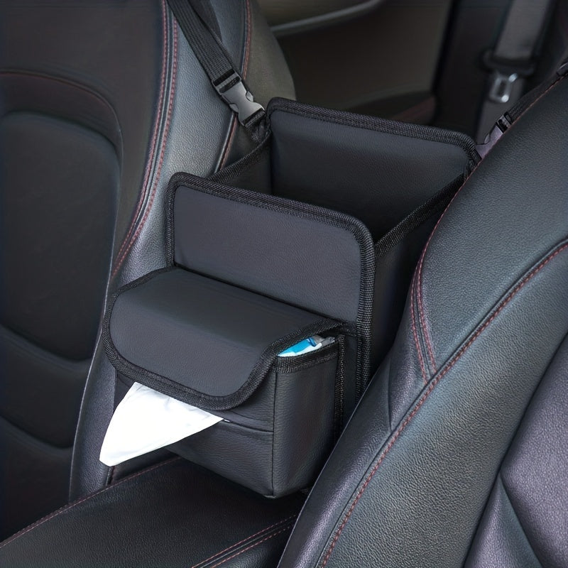 Organizador de asiento de coche con portavasos y caja de pañuelos de cuero PU negro