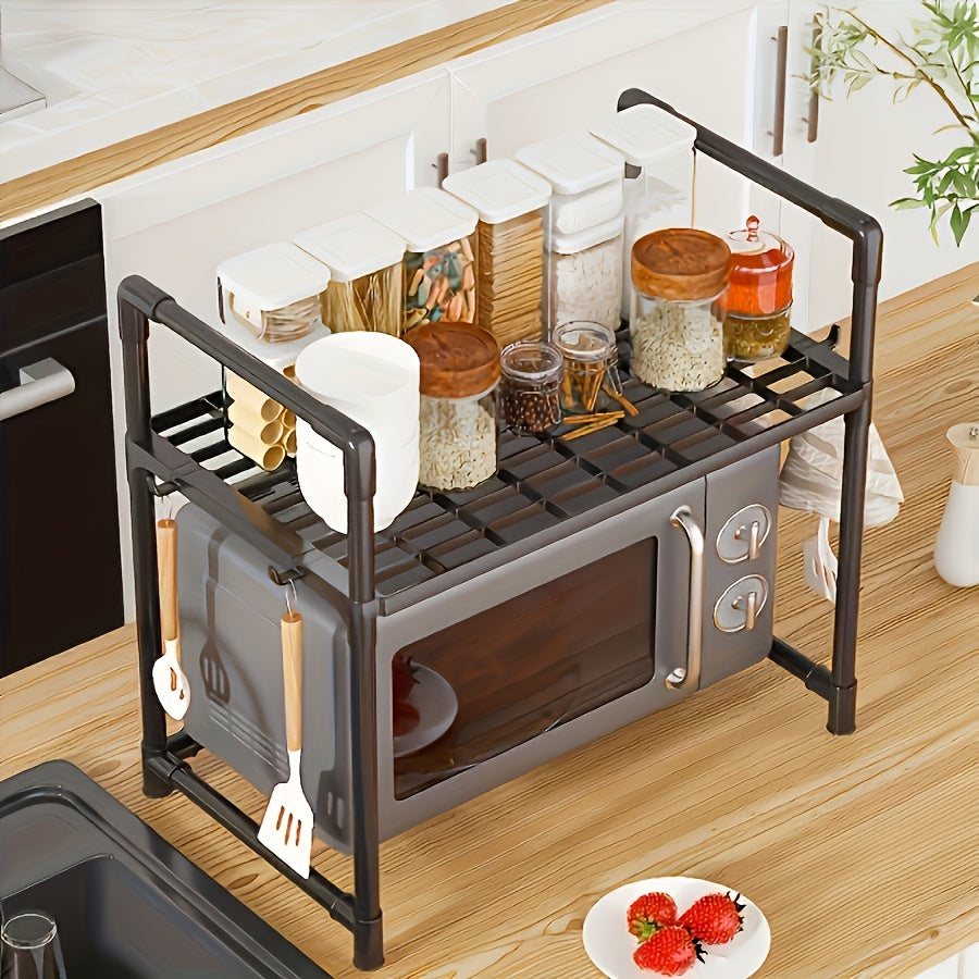 Kitchen Rack with Hooks and Utensil Holder, 2-Tier Black Countertop Organizer