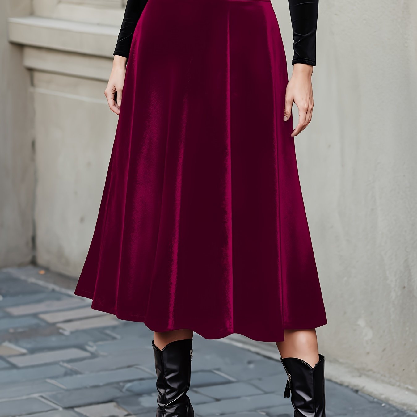 Women's Plus Size Velvet Swing Midi Skirt High Waist Spring Summer