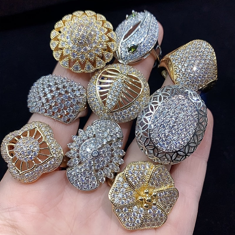 Set of 10 Women's Synthetic Zirconia Inlaid Copper Rings Elegant High-End Style for Weddings Parties and Daily Wear