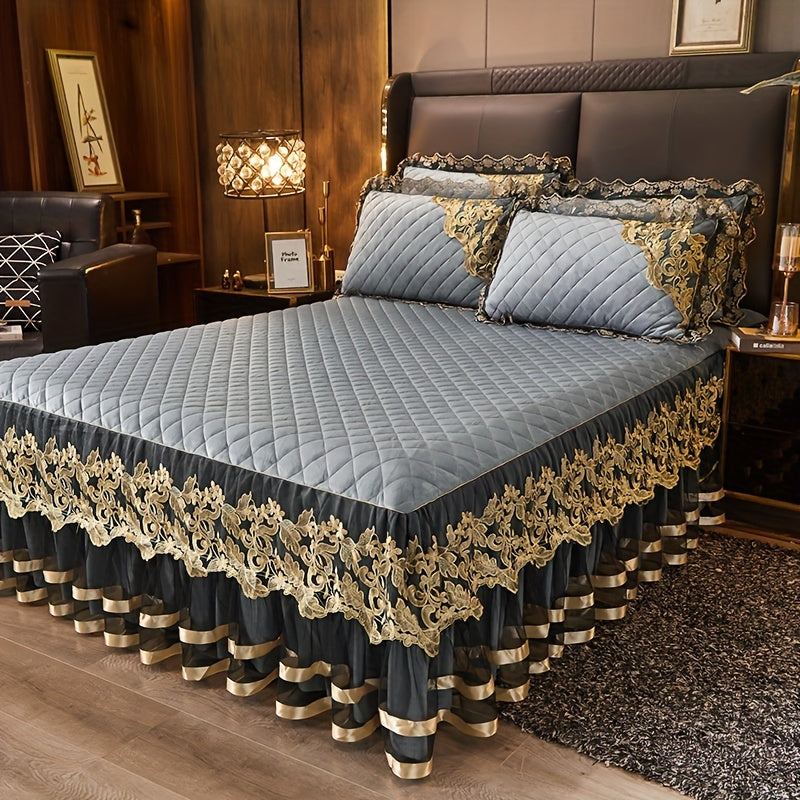 Juego de faldón de cama de color sólido y funda de almohada con detalle de encaje, diseño acolchado y con volantes