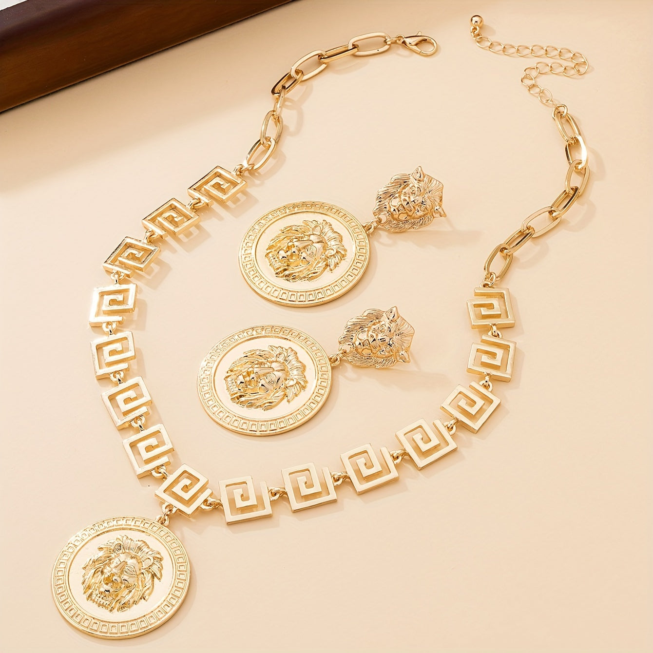 Gold Plated Lion Head Pendant Necklace and Earring Set for Women Minimalist Zinc Alloy Jewelry