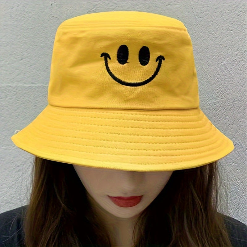 Reversible Bucket Hat for Women and Men with Smiling Embroidery Sun Protection Polyester