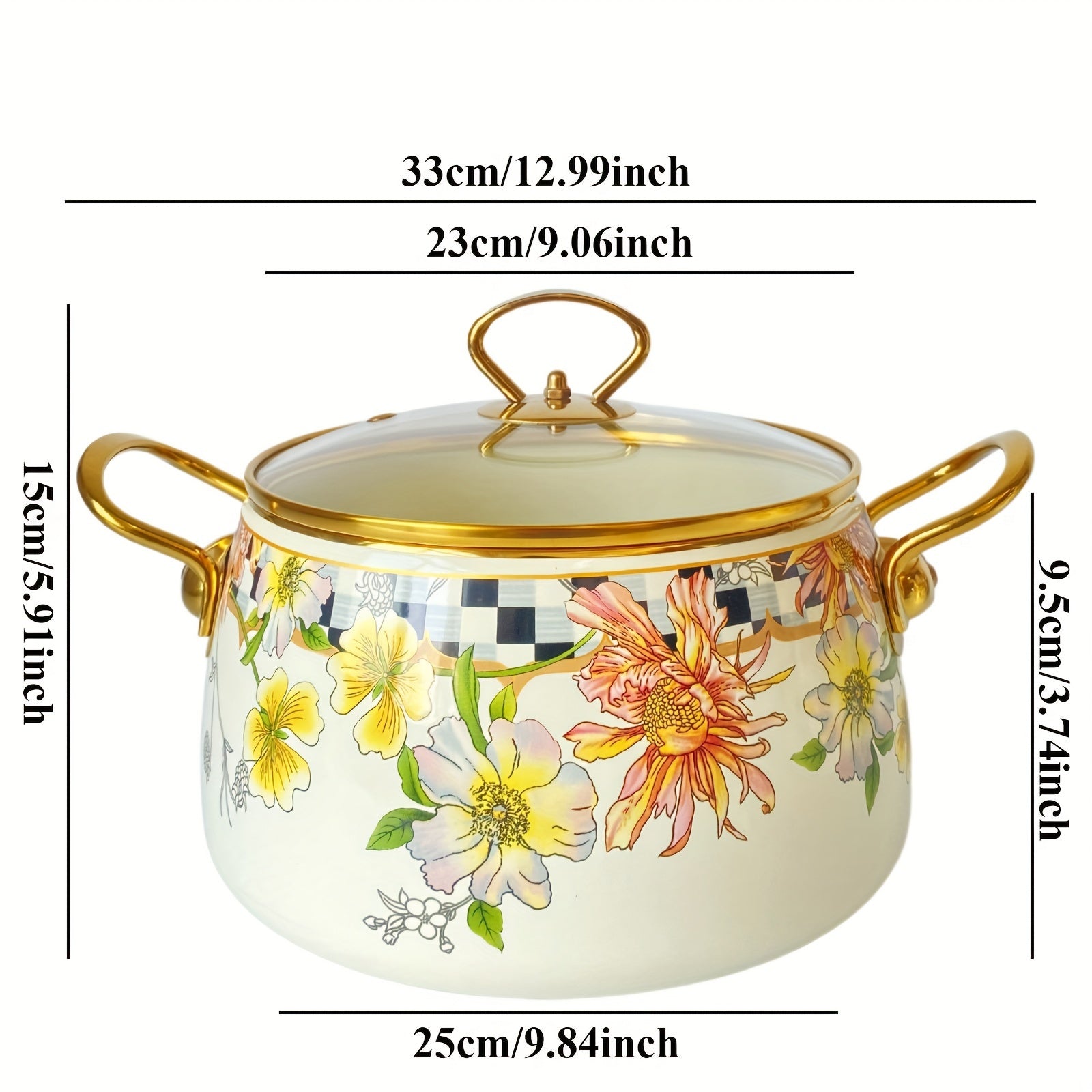 French Daisy Stockpot with Lid Enamel Coating Induction Compatible Floral Design