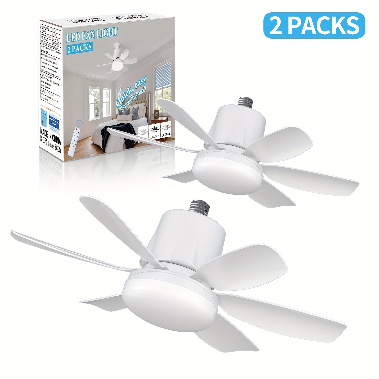 2pcs Socket Fan Light with Remote Control E26 E27 Dimmable LED for Bedroom