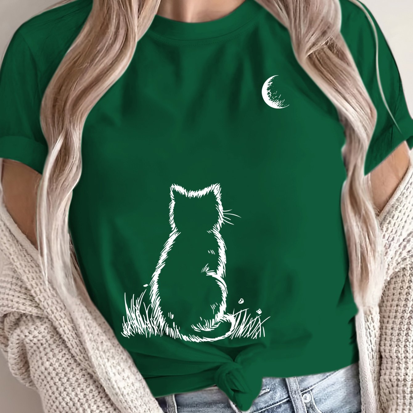 Women's Plus Size Loose Fit T Shirt Pink Geometric Cat Moon Print Casual Top