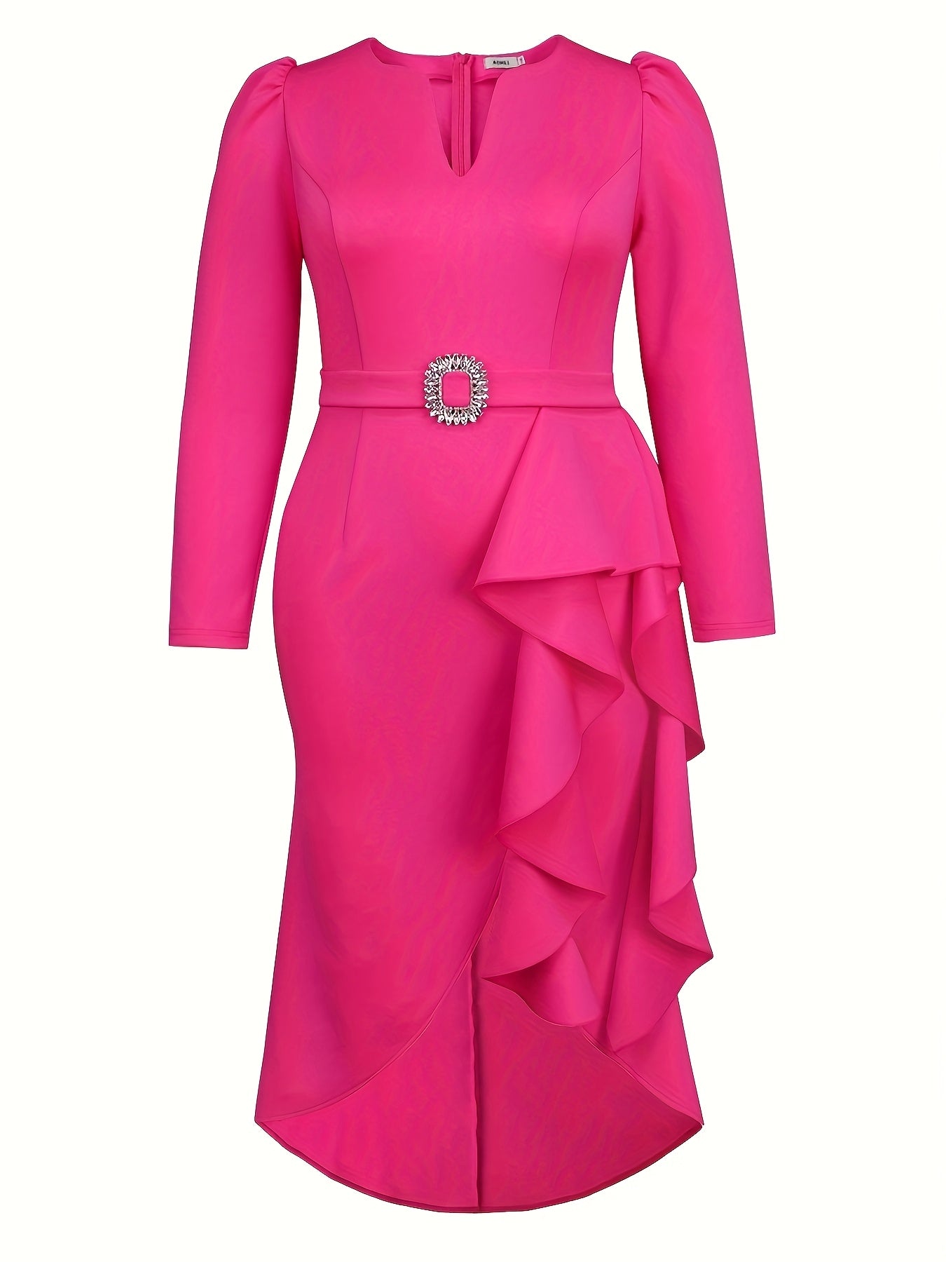 Women's Knit V-Neck Bodycon Midi Dress with Ruffle Hem