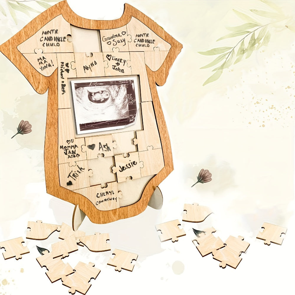 Caja de recuerdos de madera con diseño de rompecabezas para firmas y sonogramas, incluye soporte, marco de fotos de recuerdo para decoración de habitación