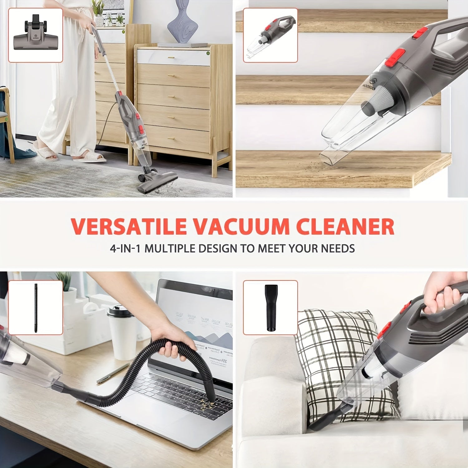 Qattiq pol va hayvon tuklari uchun simli stick changyutgich, 15Kpa tortish kuchi bilan