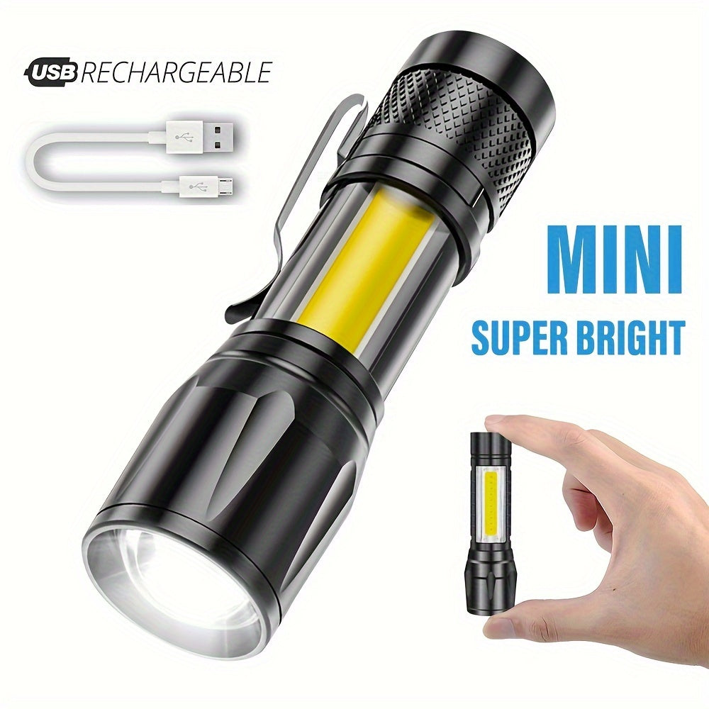 Mini LED Flashlight Rechargeable Portable Work Light with Zoom COB Side Light for Camping Hiking Outdoor