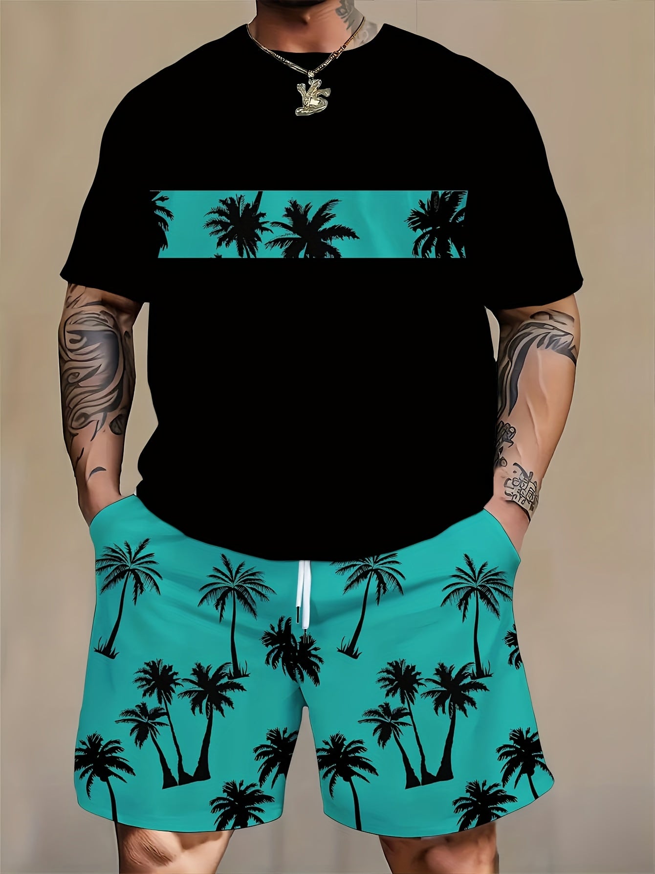 Plus Size Men's Casual Set Short-Sleeve T-Shirt and Shorts for Summer Beach