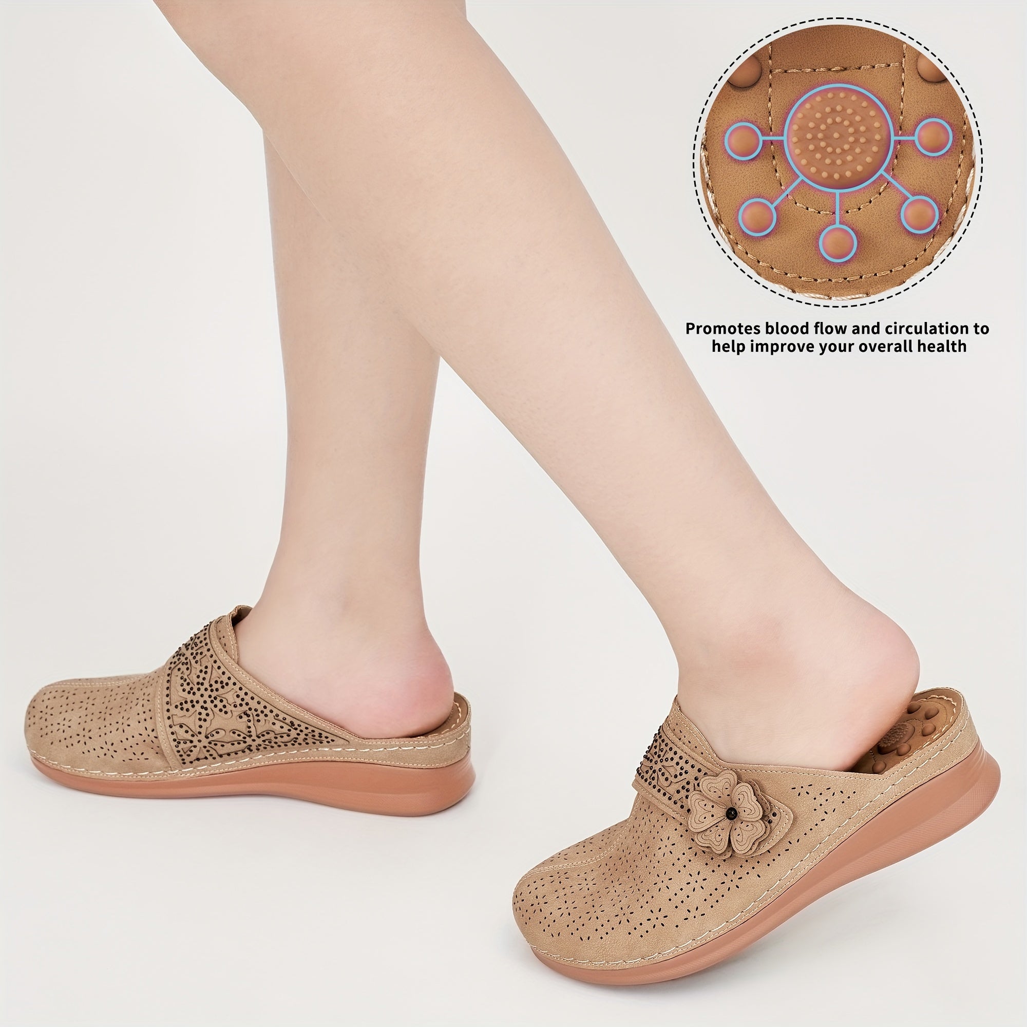 Women's Breathable Faux Leather Slip-On Mules with Floral Bow Beige Casual Shoes