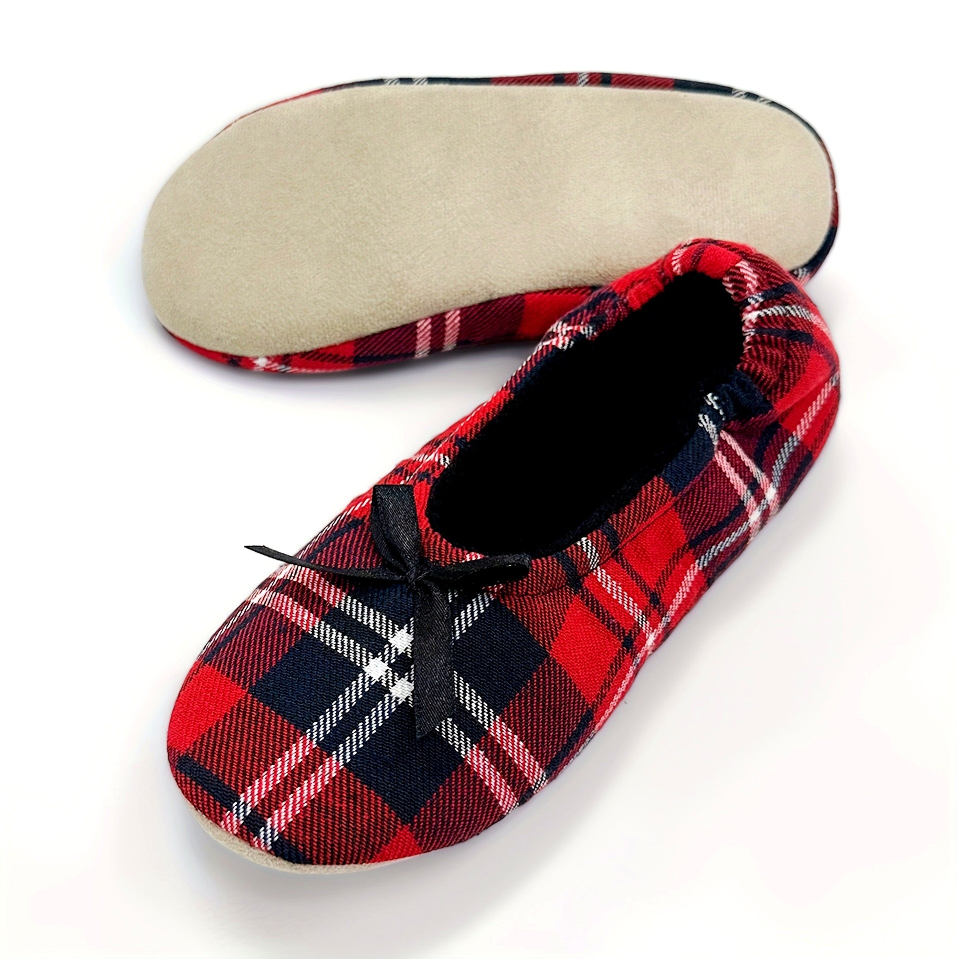 Zapatos planos de ballet de cuadros rojos para mujer con lazo, zapatos cómodos sin cordones