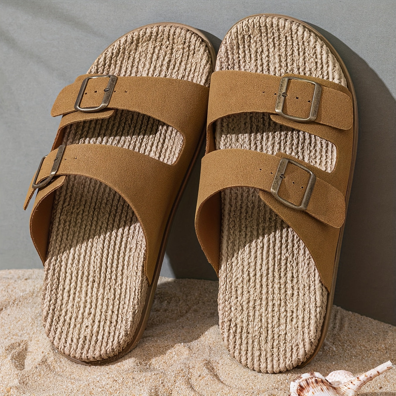 Erkaklar uchun bir rangli ochiq barmoqli slippers, bog'ichli tasmalari bilan, nafas oladigan va qulay EVA tagligi, plyaj yoki tasodifiy kiyim uchun mukammal.