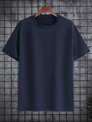 Мужская большая полиэстеровая однотонная футболка с круглым вырезом и короткими рукавами для лета